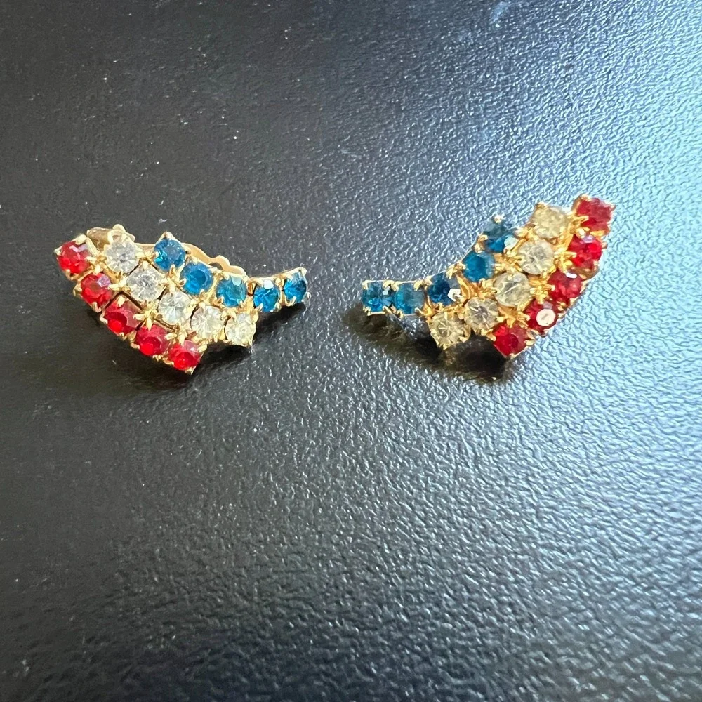 Vintage Rhinestone Clip On Earrings Red White‎ Blue Gold Tone Retro Sparkle